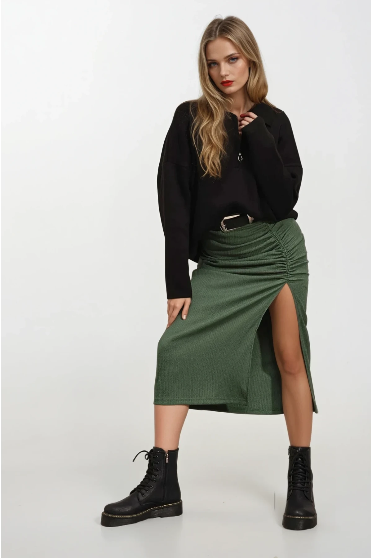 Kadın Zümrüt Yeşili Beli Lastikli Yırtmaçlı Uzun Etek HZL22S-BD118801