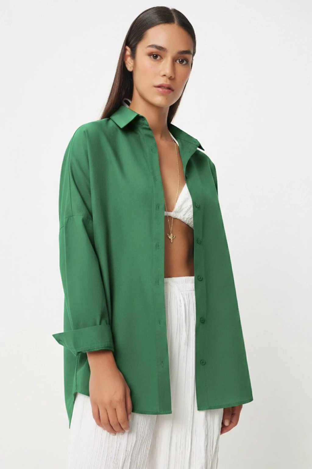 Kadın Zümrüt Yeşili Oversize Uzun Basic Gömlek HZL22W-BD139001