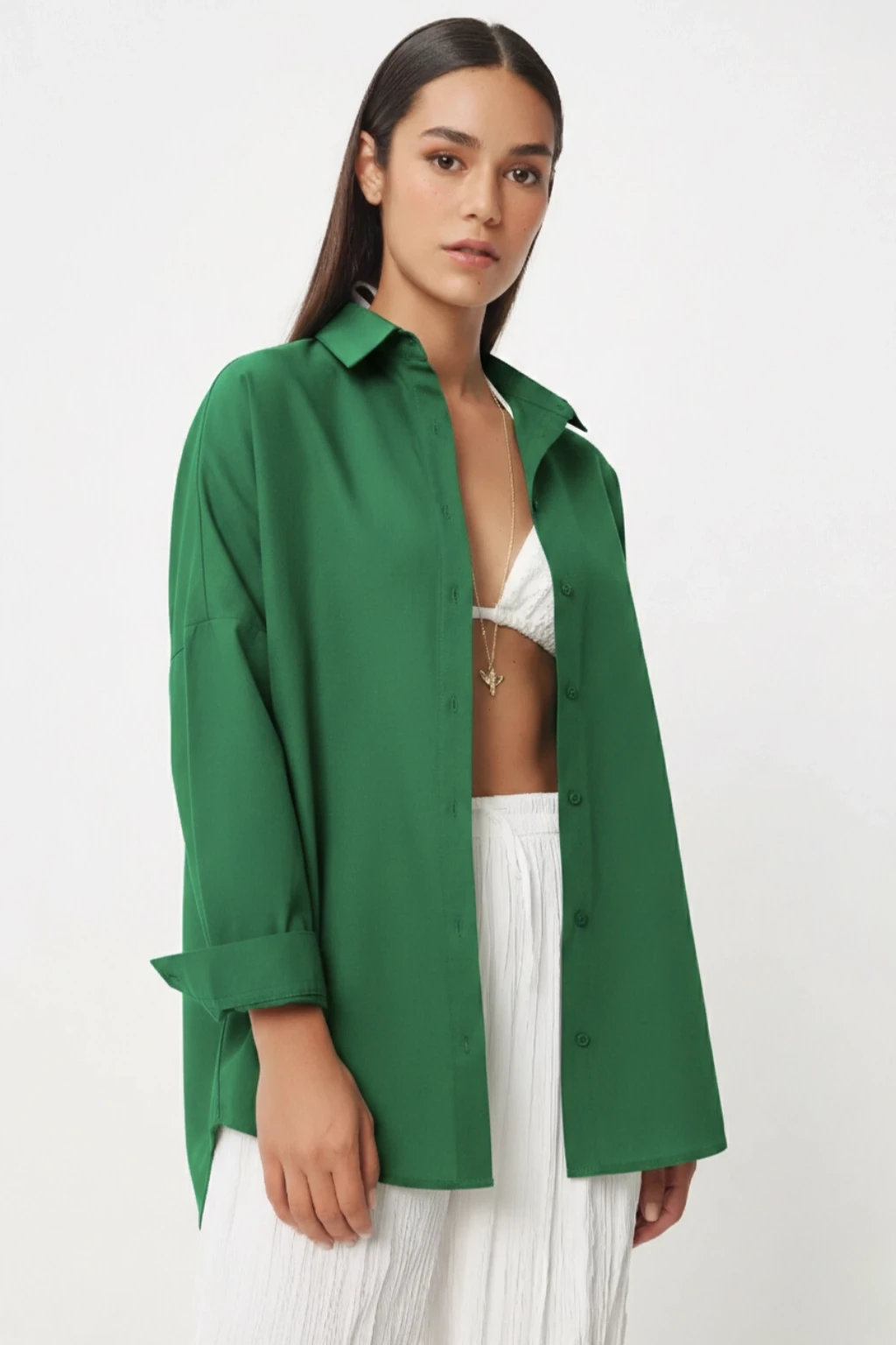 Kadın Zümrüt Yeşili Oversize Uzun Basic Gömlek HZL22W-BD139001