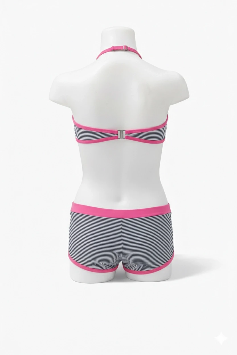 Kız Çocuk Açık Pembe Çizgili Şortlu 4-12 Yaş Straplez Bikini Takım HZL24S-LC9034