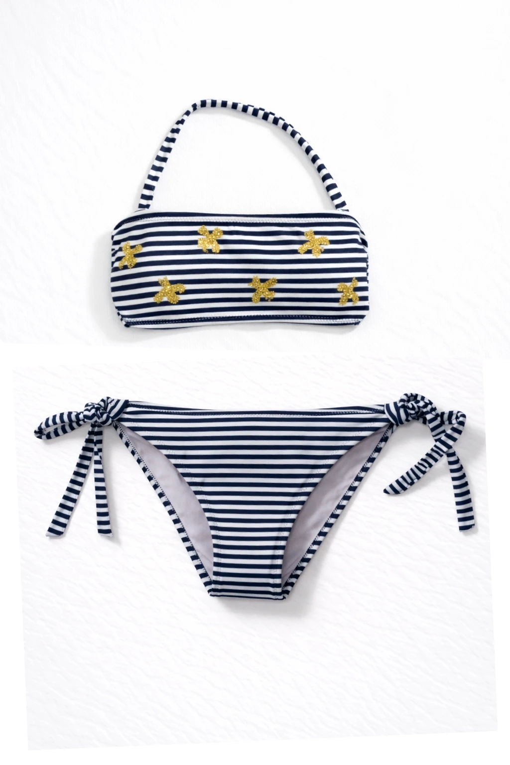 Kız Çocuk Lacivert Beyaz Çizgili Arı Çıkartmalı 4-12 Yaş Straplez Bikini Takım HZL24S-LC3228