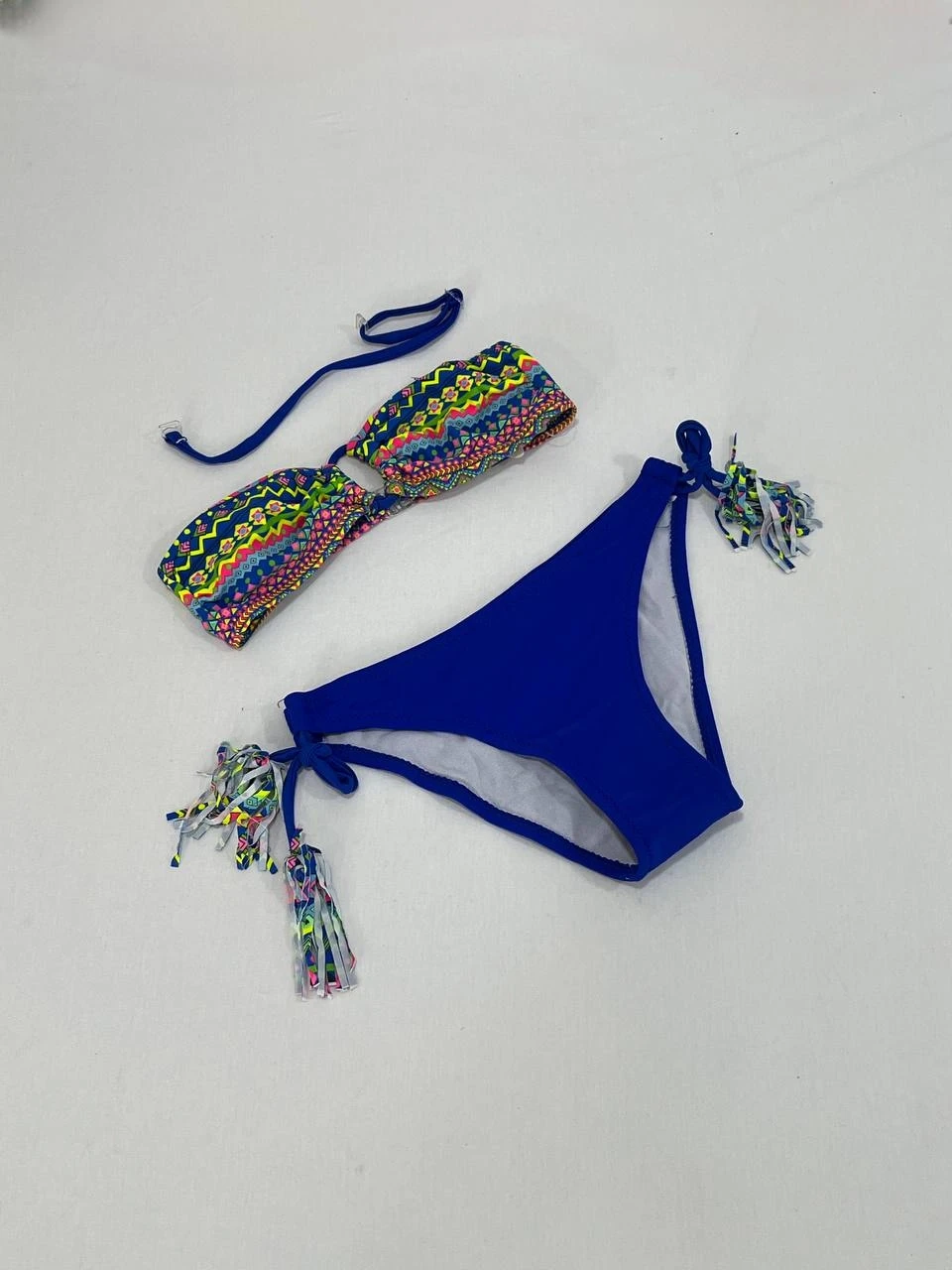 Kız Çocuk Mavi Çok Renkli  İp Detaylı Astarlı 4-12 Yaş Üçgen Bikini Takım HZL24S-LC1904