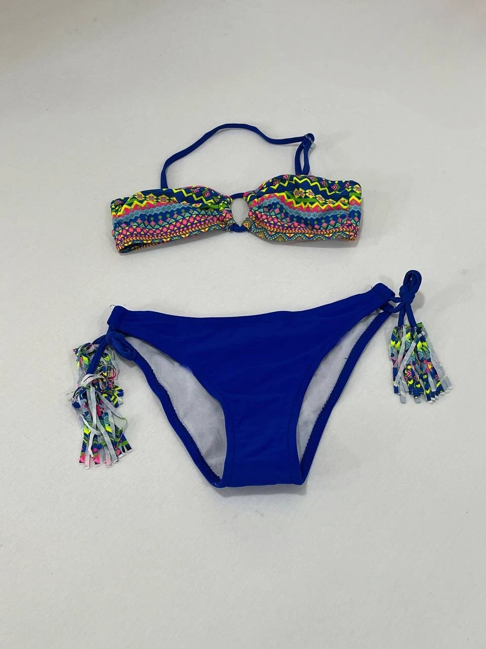 Kız Çocuk Mavi Çok Renkli  İp Detaylı Astarlı 4-12 Yaş Üçgen Bikini Takım HZL24S-LC1904