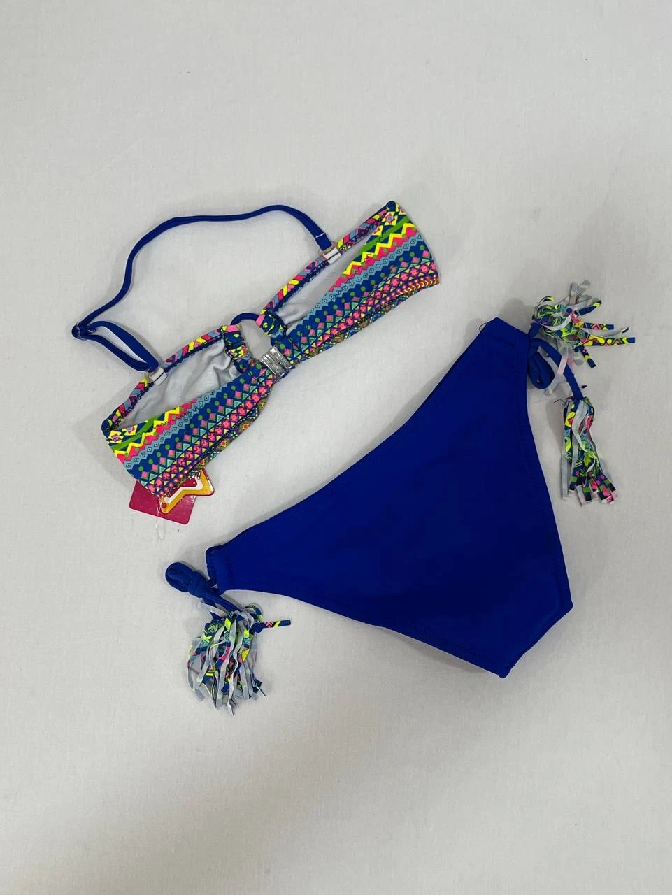 Kız Çocuk Mavi Çok Renkli  İp Detaylı Astarlı 4-12 Yaş Üçgen Bikini Takım HZL24S-LC1904