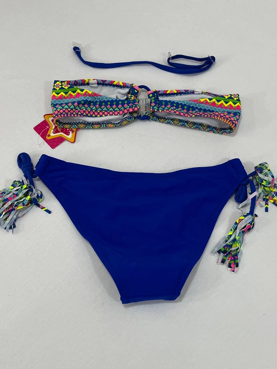 Kız Çocuk Mavi Çok Renkli  İp Detaylı Astarlı 4-12 Yaş Üçgen Bikini Takım HZL24S-LC1904