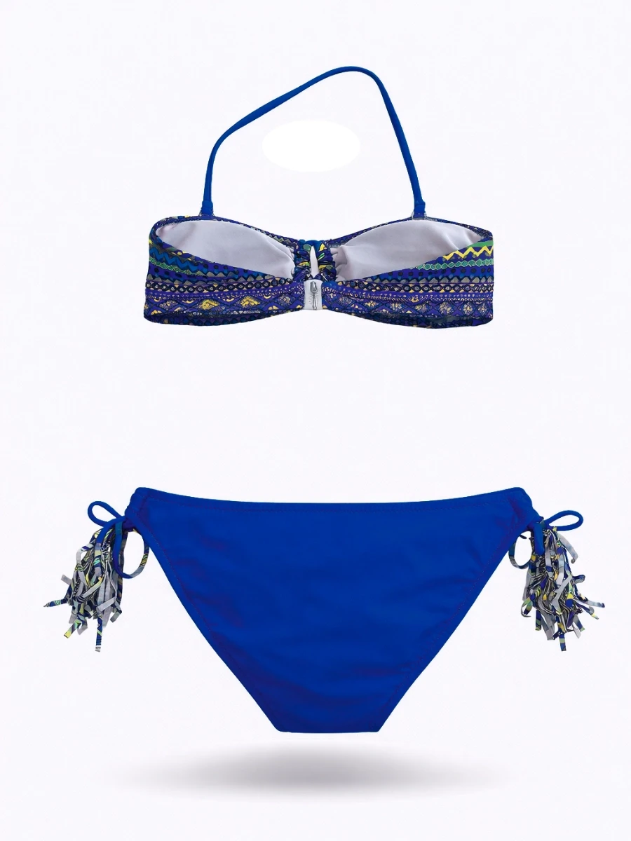 Kız Çocuk Mavi Çok Renkli  İp Detaylı Astarlı 4-12 Yaş Üçgen Bikini Takım HZL24S-LC1904