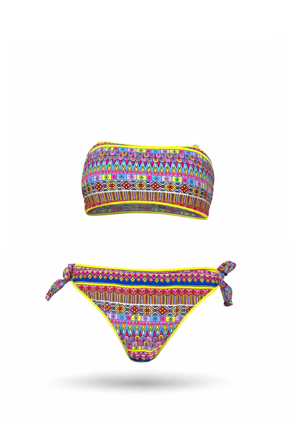 Kız Çocuk Mavi Neon Sarı Çok Renkli Astarlı 4-12 Yaş Straplez Bikini Takım HZL24S-LC6355