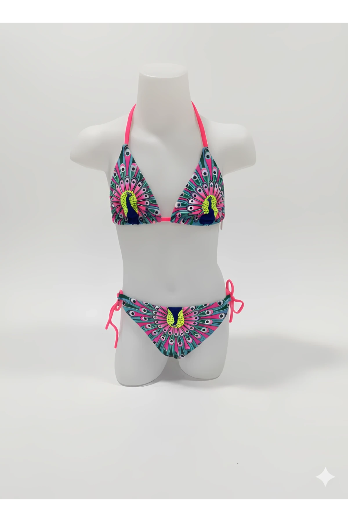 Kız Çocuk Mavi Tavuz Kuşu Desenli  6-14 Yaş Üçgen Bikini Takım HZL24S-LC19017