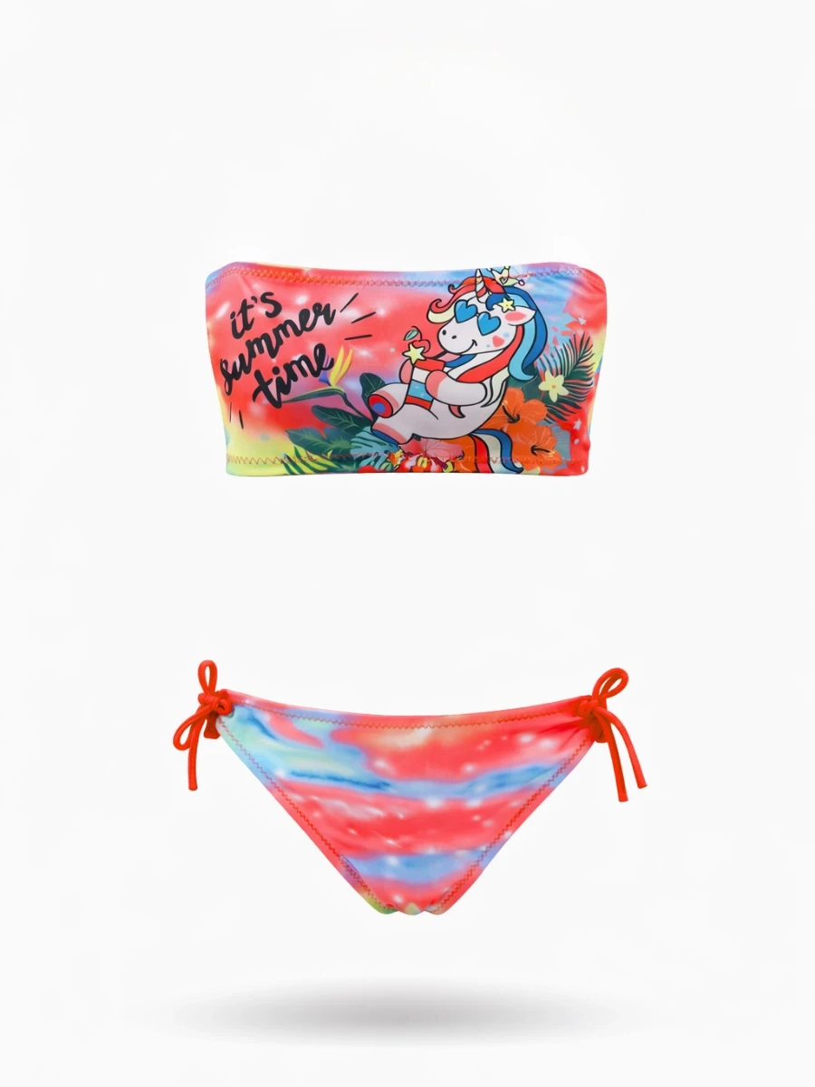 Kız Çocuk Neon Pembe Desenli  2-8 Yaş Straplez Bikini Takım HZL24S-LC3652