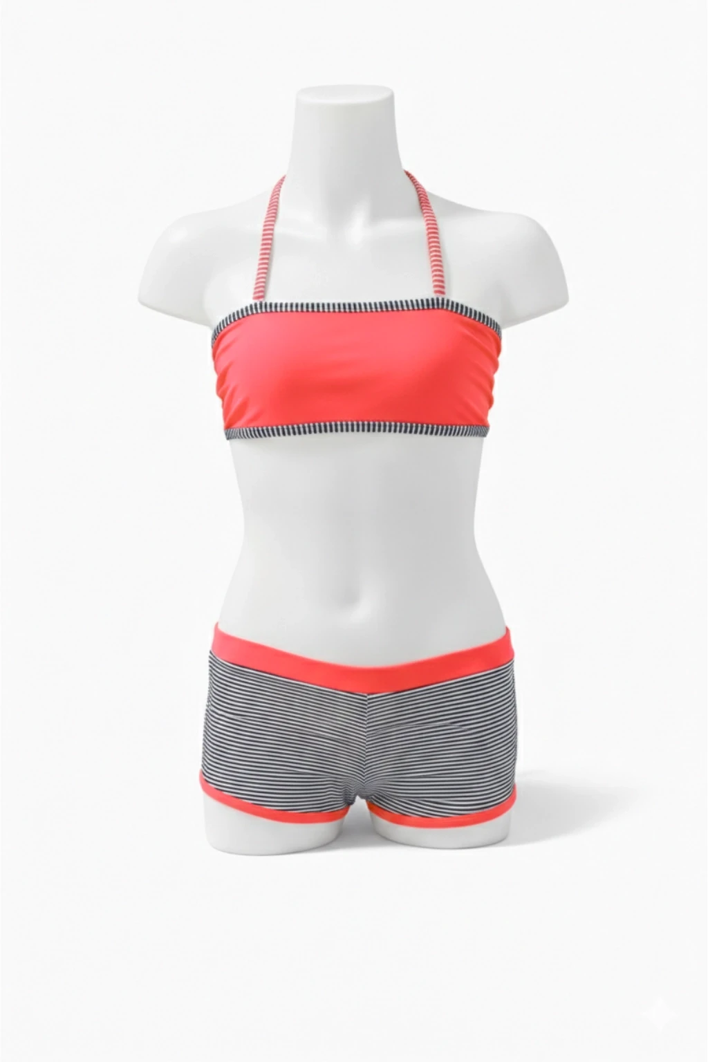 Kız Çocuk Neon Pembe Siyah Çizgili Şortlu 4-12 Yaş Straplez Bikini Takım HZL24S-LC9034