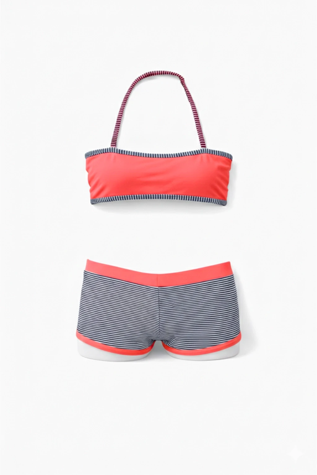 Kız Çocuk Neon Pembe Siyah Çizgili Şortlu 4-12 Yaş Straplez Bikini Takım HZL24S-LC9034