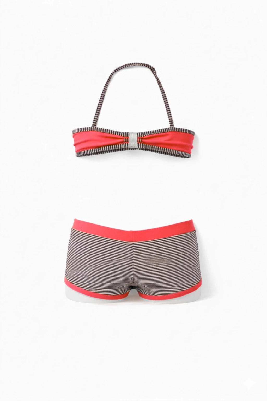 Kız Çocuk Neon Pembe Siyah Çizgili Şortlu 4-12 Yaş Straplez Bikini Takım HZL24S-LC9034