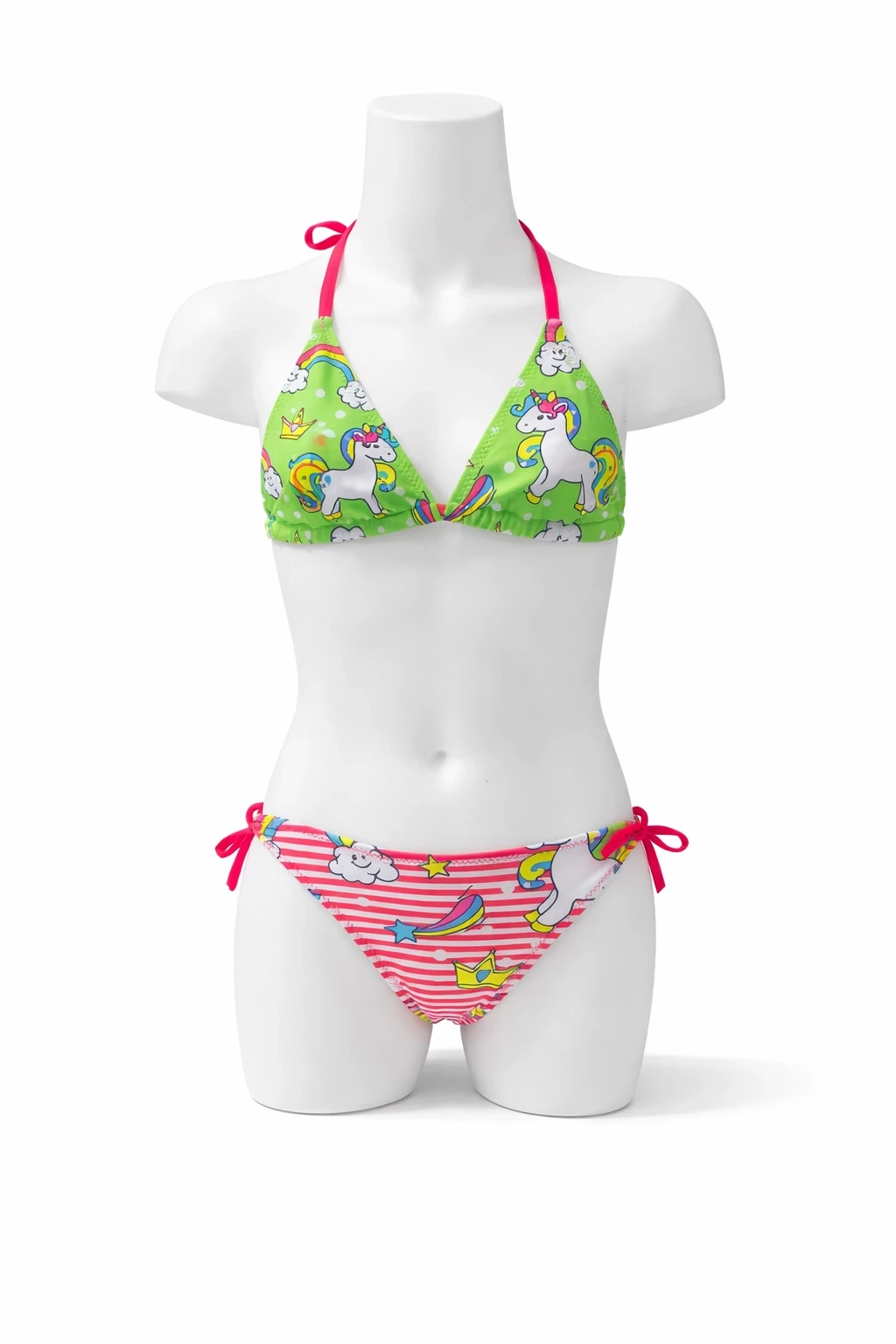 Kız Çocuk Neon Pembe Yeşil Unicorn Temalı Bikini Takım HZL25S-LC19049
