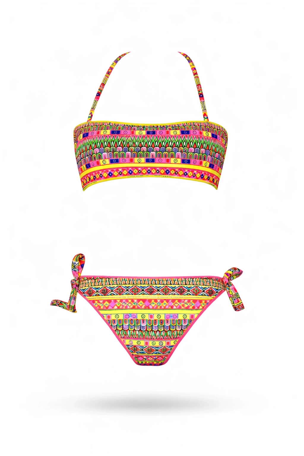 Kız Çocuk Neon Sarı Çok Renkli Astarlı 4-12 Yaş Straplez Bikini Takım HZL24S-LC6355