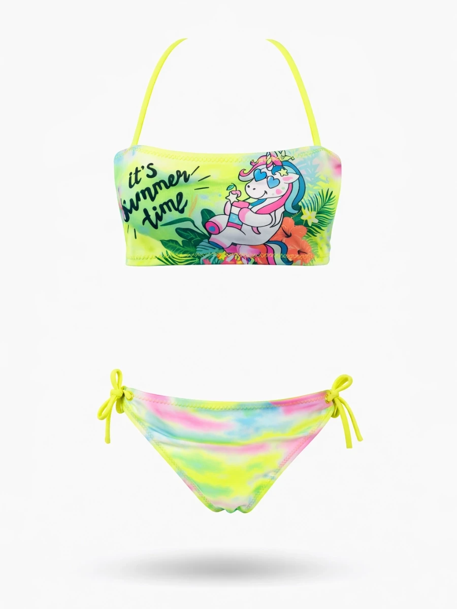 Kız Çocuk Neon Sarı Desenli  2-8 Yaş Straplez Bikini Takım HZL24S-LC3652