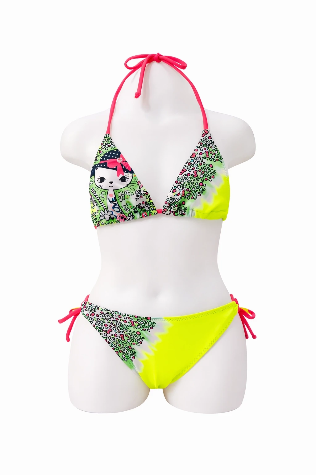 Kız Çocuk Neon Sarı Kitty Glow Desenli  4-14 Yaş Üçgen Bikini Takım HZL26S-LC2886