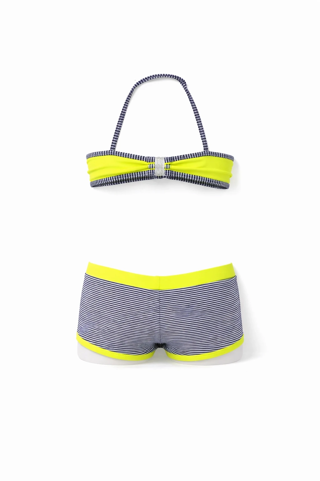 Kız Çocuk Neon Sarı Siyah Çizgili Şortlu 4-12 Yaş Straplez Bikini Takım HZL24S-LC9034