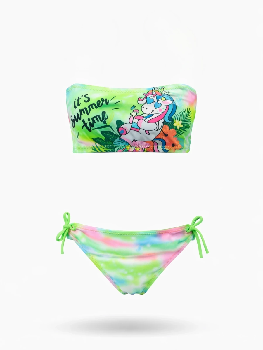 Kız Çocuk Neon Yeşil Desenli  2-8 Yaş Straplez Bikini Takım HZL24S-LC3652