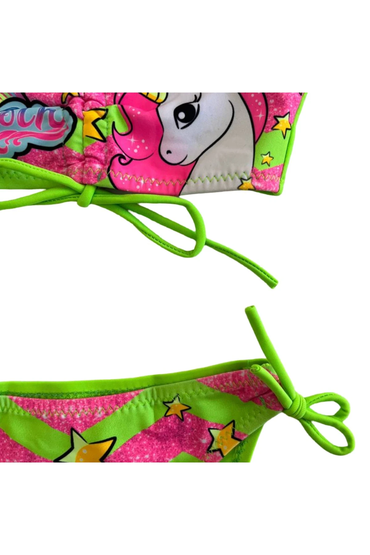 Kız Çocuk Neon Yeşil Unicorn Desenli  2-8 Yaş Straplez Bikini Takım HZL24S-LC3658