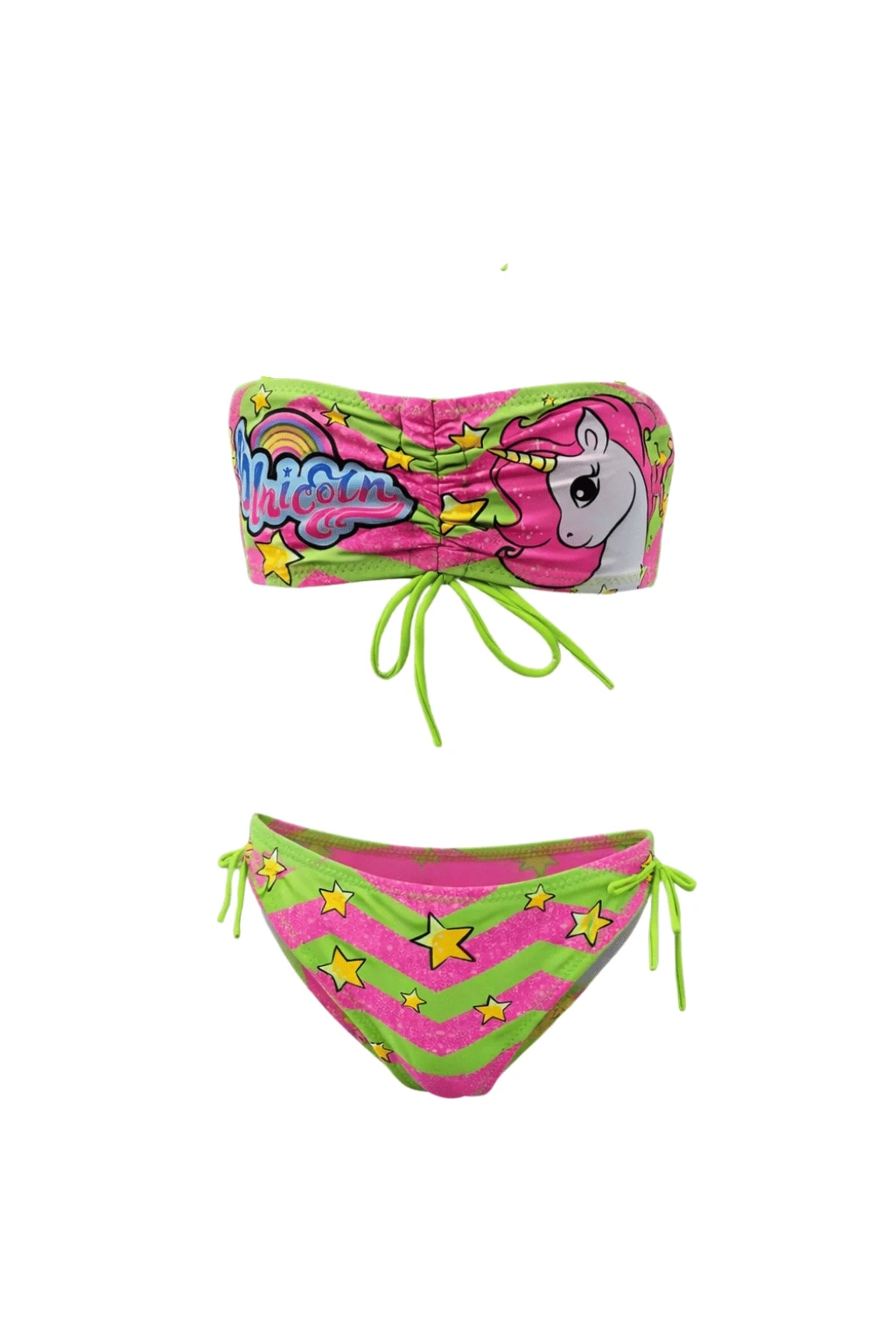 Kız Çocuk Neon Yeşil Unicorn Desenli  2-8 Yaş Straplez Bikini Takım HZL24S-LC3658