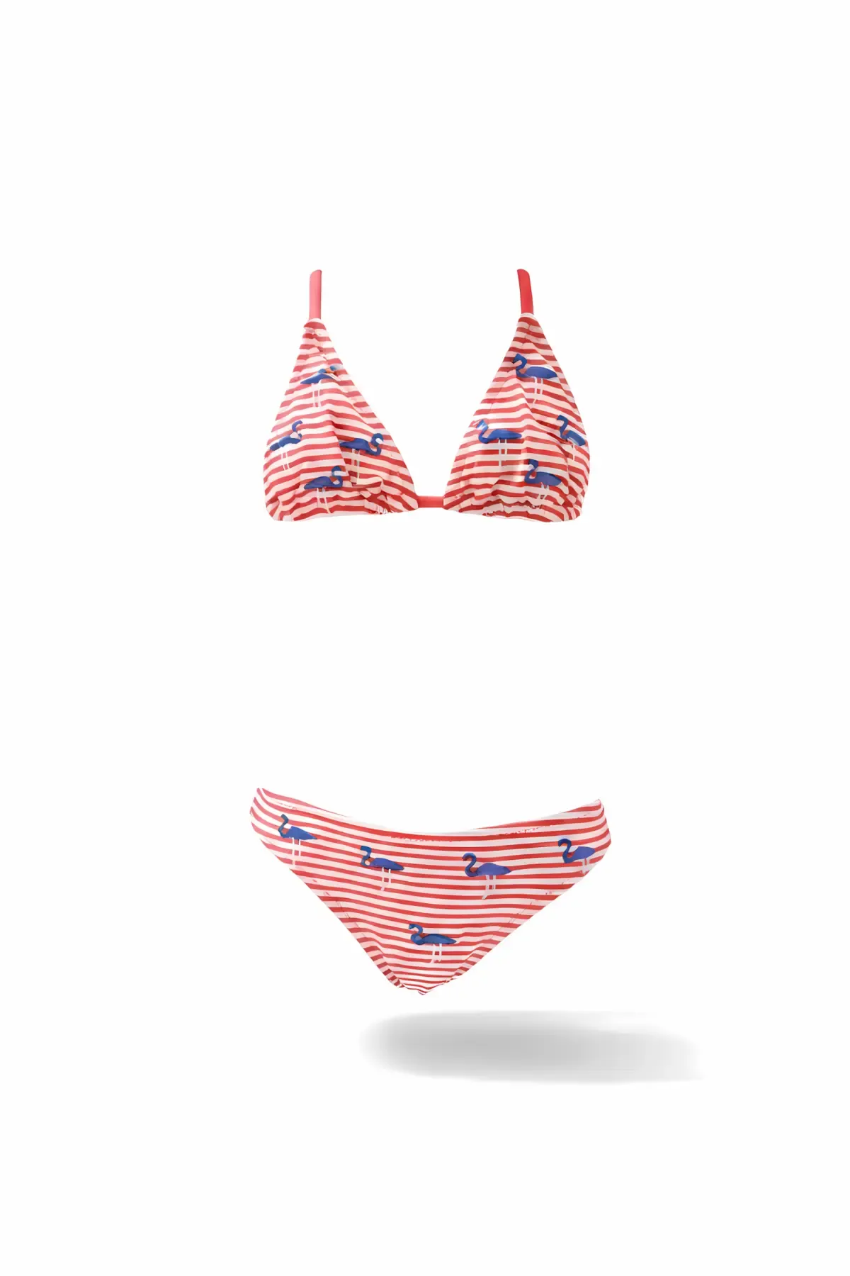 Kız Çocuk Pembe Beyaz Çizgili Flamingo Desenli  4-12 Yaş Üçgen Bikini Takım HZL24S-LC171
