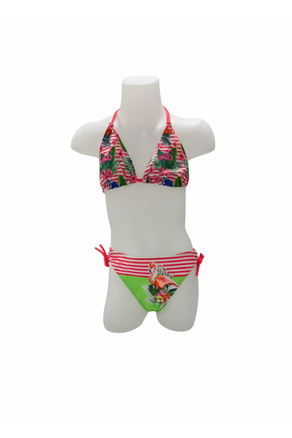 Kız Çocuk Pembe Yeşil Flamingo Glow Desenli 6-14 Yaş Üçgen Bikini Takım HZL26S-LC19018