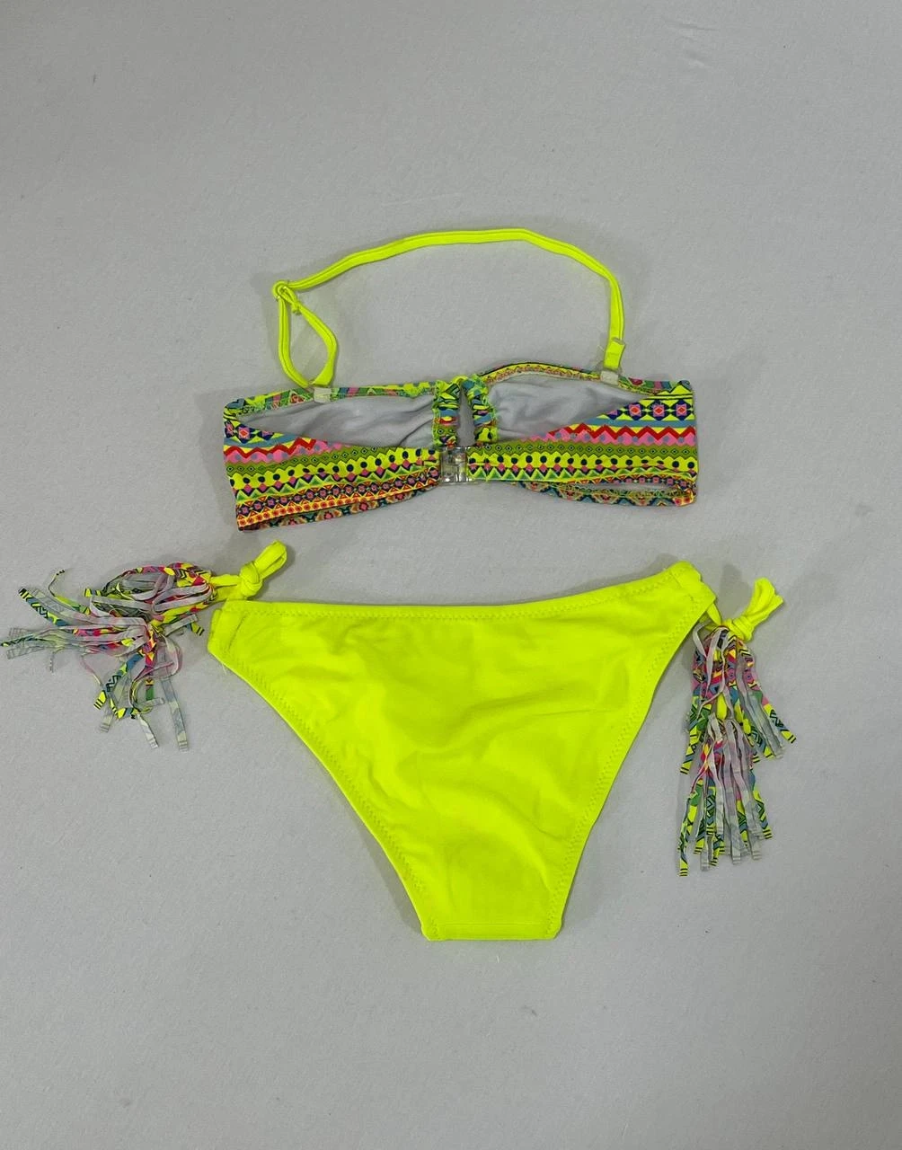 Kız Çocuk Sarı Çok Renkli  İp Detaylı Astarlı 4-12 Yaş Üçgen Bikini Takım HZL24S-LC1904