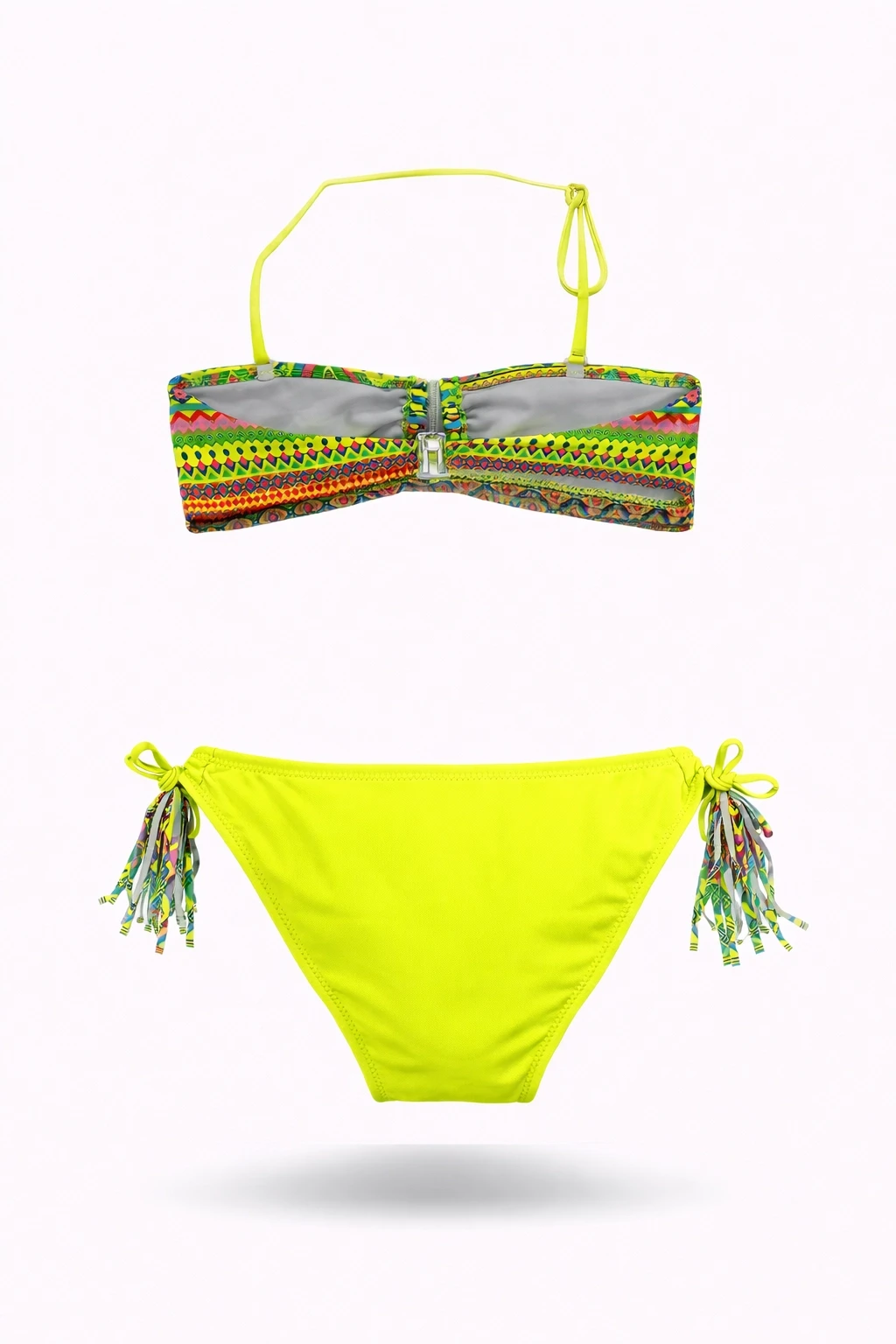 Kız Çocuk Sarı Çok Renkli  İp Detaylı Astarlı 4-12 Yaş Üçgen Bikini Takım HZL24S-LC1904