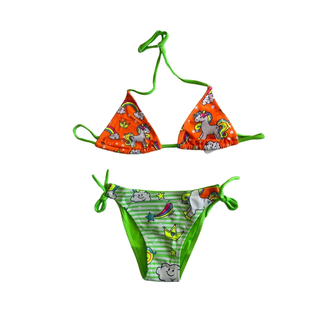 Kız Çocuk Turuncu Yeşil Unicorn Temalı Bikini Takım HZL25S-LC19049