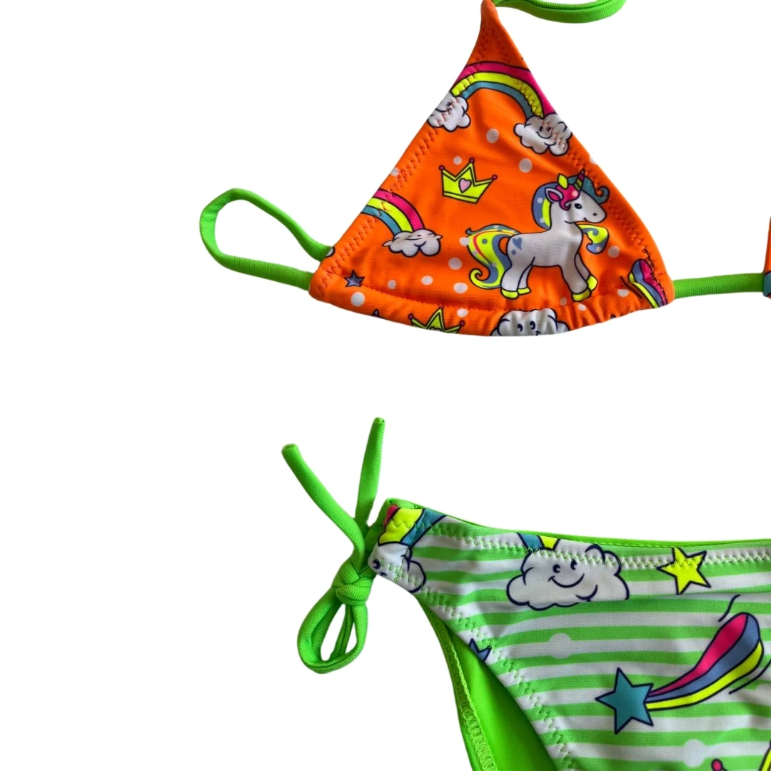 Kız Çocuk Turuncu Yeşil Unicorn Temalı Bikini Takım HZL25S-LC19049