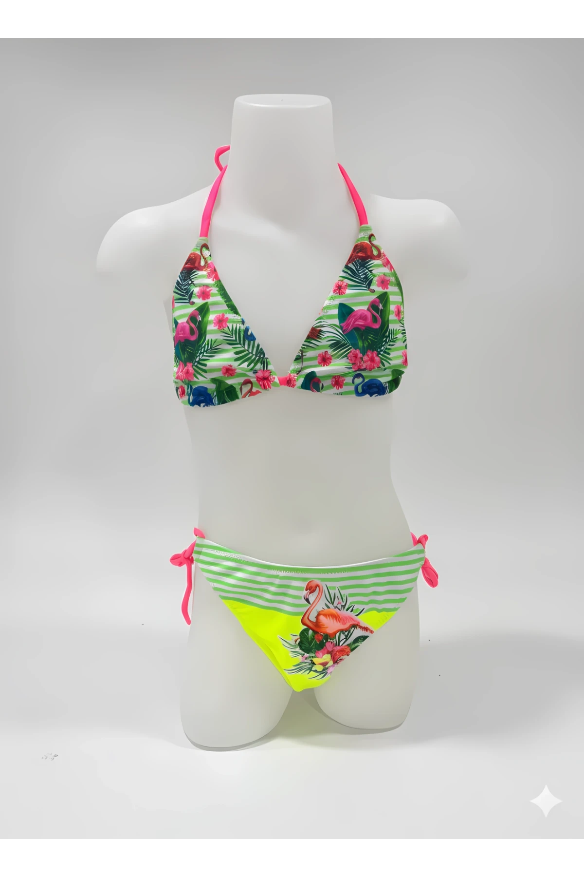Kız Çocuk Sarı Yeşil Flamingo Glow Desenli  6-14 Yaş Üçgen Bikini Takım HZL26S-LC19018