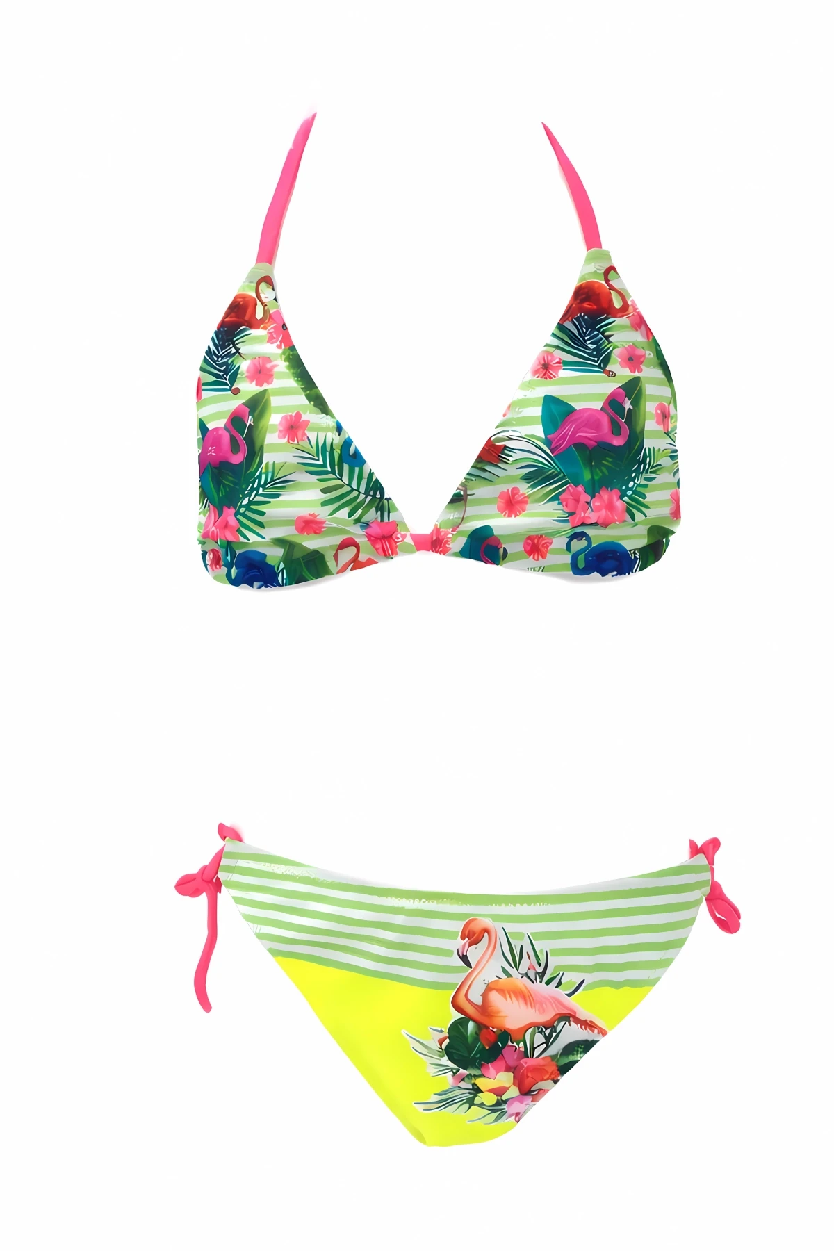 Kız Çocuk Sarı Yeşil Flamingo Glow Desenli  6-14 Yaş Üçgen Bikini Takım HZL26S-LC19018