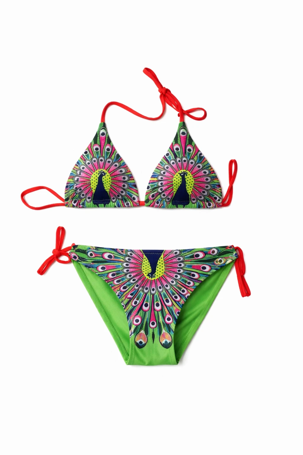 Kız Çocuk Yeşil Tavuz Kuşu Desenli  6-14 Yaş Üçgen Bikini Takım HZL24S-LC19017
