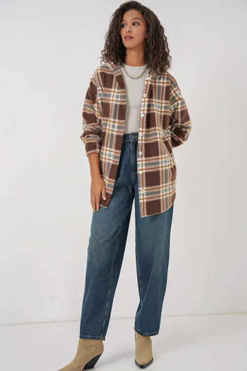 0710 Kapüşonlu Oversize Gömlek - C. Kahverengi