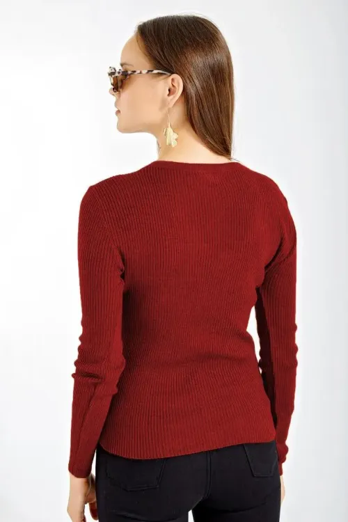 10297 Düğmeli Triko Hırka - Bordo