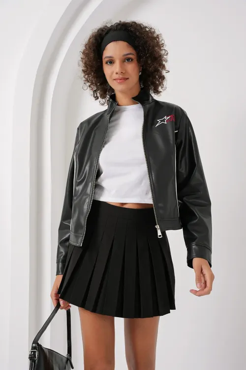 1041 Dik Yaka Suni Deri Ceket - Siyah