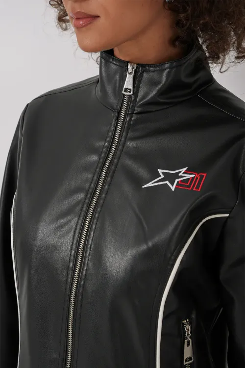 1041 Dik Yaka Suni Deri Ceket - Siyah