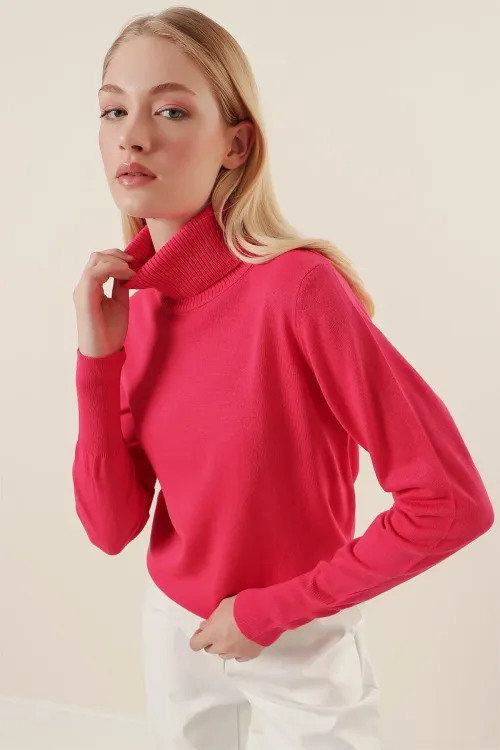 15747 Balıkçı Yaka Triko Kazak - Fuşya