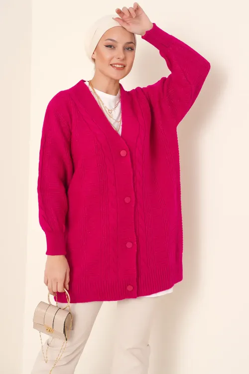 15768 Tesettür Triko Hırka - Koyu Pembe