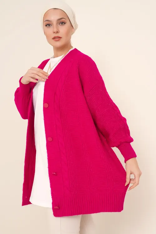 15768 Tesettür Triko Hırka - Koyu Pembe