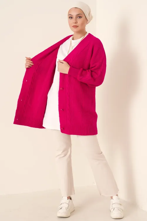 15768 Tesettür Triko Hırka - Koyu Pembe