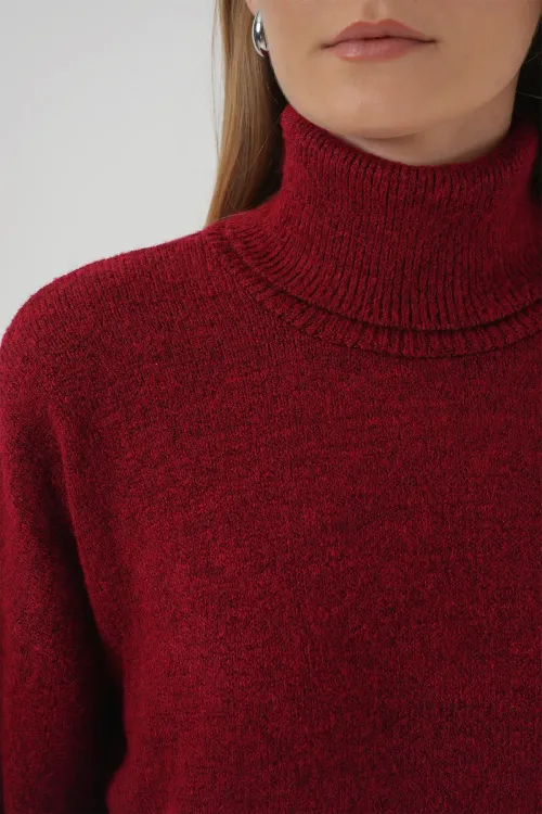 15917 Kadın Balıkçı Yaka Oversize Triko Kazak - Kırmızı