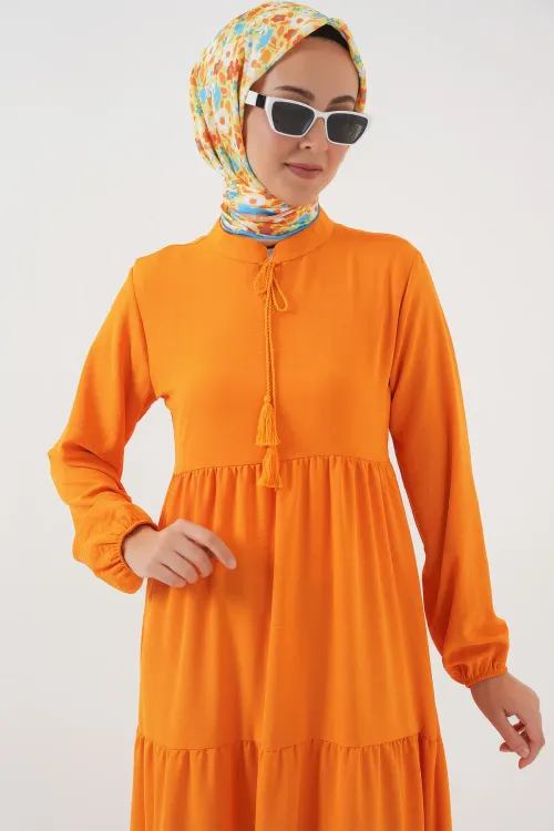 1627 Yaka Bağcıklı Tesettür Elbise - Oranje