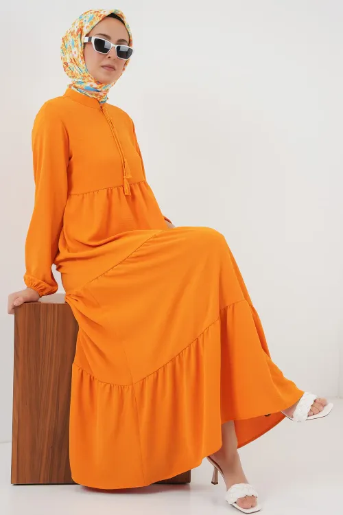 1627 Yaka Bağcıklı Tesettür Elbise - Oranje