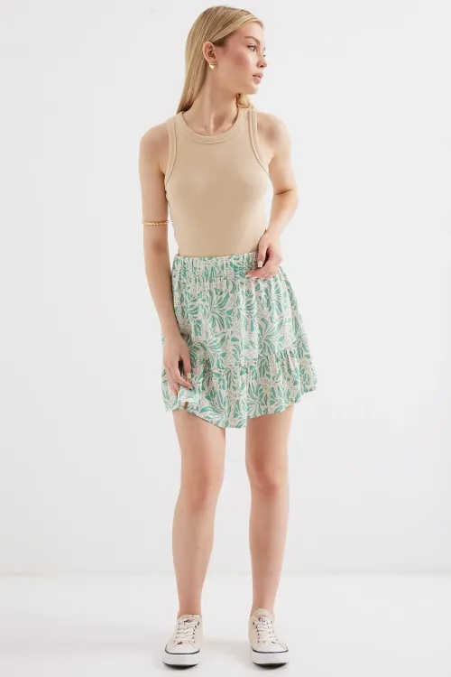 1884 Desenli Viskon Mini Etek - E.Yeşil