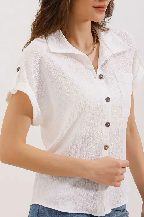 20187 Kısa Kol Oversize Örme Gömlek - Beyaz
