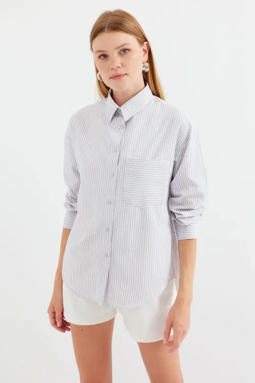 20212 Tek Cepli Çizgili Oversize Gömlek - Bej