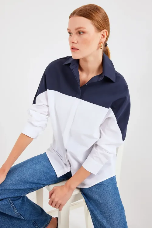 20221 Blok Renkli Oversize Gömlek - Lacivert