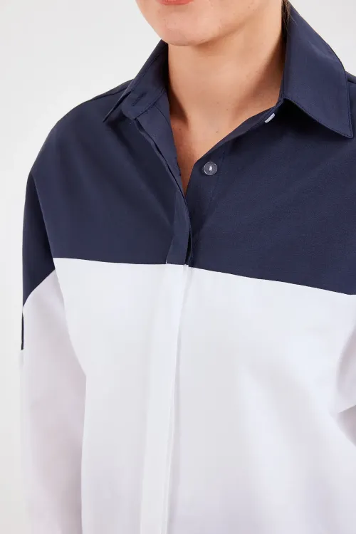 20221 Blok Renkli Oversize Gömlek - Lacivert