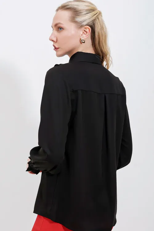 20223 Fırfırlı Uzun Kol Gömlek - Siyah